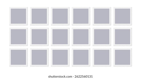 Postage stamp vector shape. Travel postcard vintage seal, paper mail delivery shipping fee symbol. Jagged circled blank sticker, square mark horizontal template. Philately album empty set, email tag