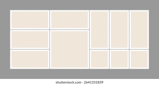 Postage stamp vector shape. Travel postcard vintage seal, paper mail delivery shipping fee symbol. Jagged circled blank sticker, square mark horizontal template. Philately album empty set, email tag