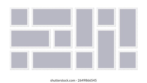 Postage stamp vector shape. Travel postcard vintage seal, paper mail delivery shipping fee symbol. Jagged circled blank sticker, square mark horizontal template. Philately album empty set, email tag