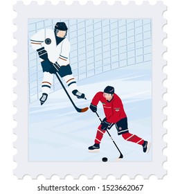 Postage Stamp. Winter sport. Hockey. Players, goal, abstract ice - isolated on a white background - vector. Travel Banner