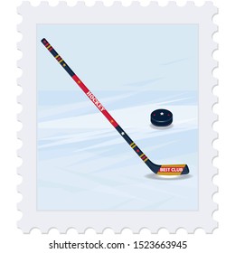 Postage Stamp. Winter sport. Hockey. Stick and puck, abstract ice - isolated on white background - vector. Travel Banner