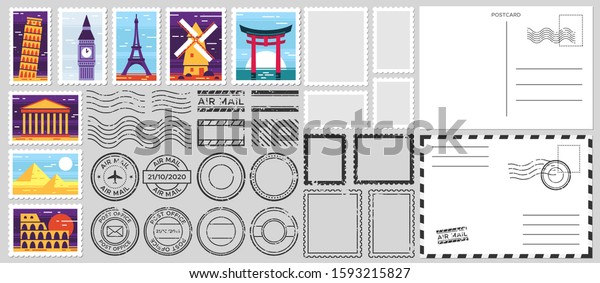 Postage stamps. Air mail envelope, post office\
stamp and postal stamps vector set. Cachets and postmarks with\
different landmarks illustrations. Blank postcard and letter\
templates with\
copyspace