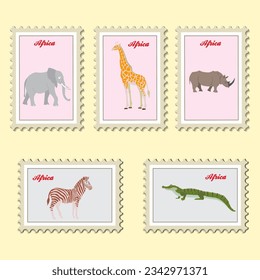 Postage stamps animals of Africa, vector set