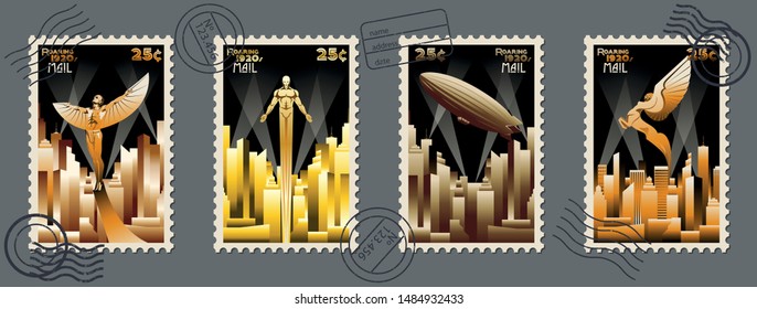 Postage Stamps Art Deco Style Vector Retro Set, Zeppelin, Flying Man, Winged Horse 