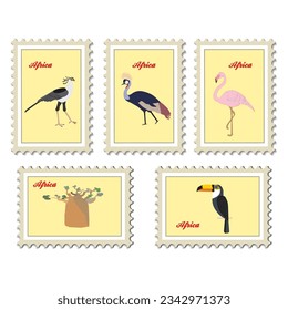 Postage stamps of birds and plants of Africa, vector set