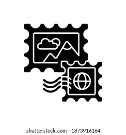 Postage stamps black glyph icon. Collecting rare postmarks hobby, philately silhouette symbol on white space. Postal service. Small stickers with pictures for letters. Vector isolated illustration