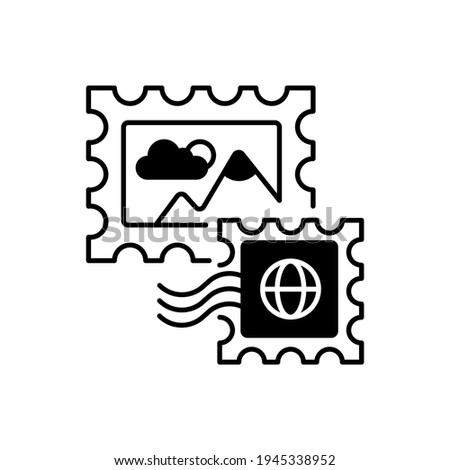 Postage stamps black linear icon. Collecting rare postmarks hobby, philately outline symbol on white space. Postal service. Small stickers with pictures for letters. Vector isolated illustration