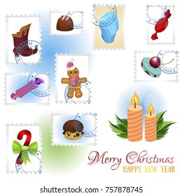 Postage stamps and and candles. Set of vector illustrations for New Year and Christmas design.