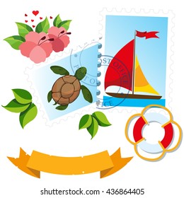 Postage stamps, cherpaha, sailing, lifebuoy, flowers. Color illustration of a summer theme. Rest, resorts, vacation.