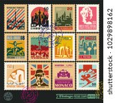 postage stamps, cities of the world, vintage travel labels and badges set, seal and postmark design templates set 2. (French Republic, Tokyo Japan, Republic of Tunisia, Islamic Republic of Iran)