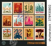 postage stamps, cities of the world, vintage travel labels and badges set, art deco style vector posters collection, seal and postmark design templates