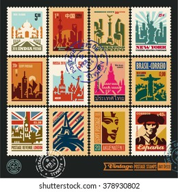 postage stamps, cities of the world, vintage travel labels and badges set, art deco style vector posters collection, seal and postmark design templates