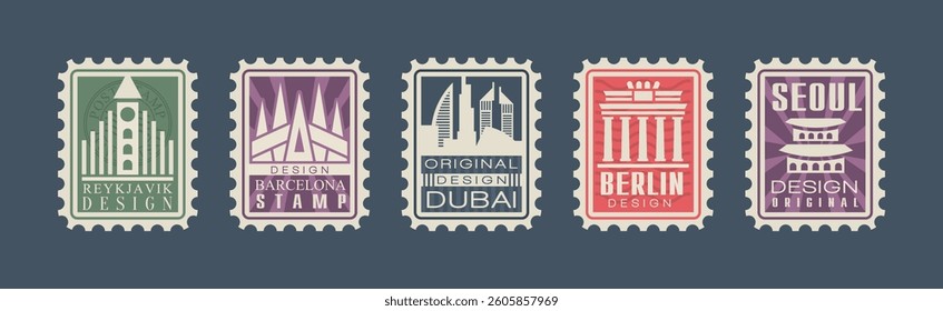 Postage Stamps with City and Country Landmark Vector Set