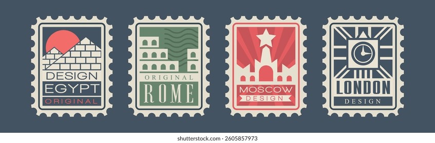 Postage Stamps with City and Country Landmark Vector Set