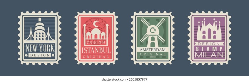 Postage Stamps with City and Country Landmark Vector Set