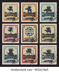 postage stamps with coffee beans from different countries with animals