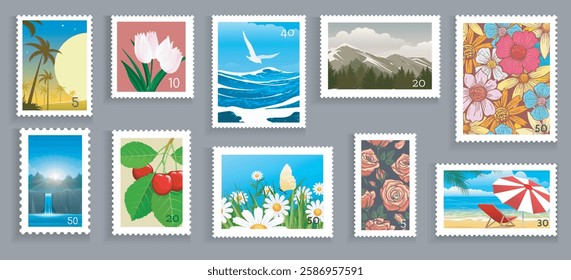 Postage stamps collection. Envelope postal stickers with perforated edge set isolated vector illustration