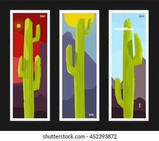 postage stamps collection. philately. landscape pictures vector. Cactus postcard. Mexico