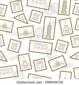 Recogida de sellos postales sin problemas. Marcas con monumentos arquitectónicos antiguos. Concepto de diseño de vectores para papel, papel de envoltura, textil, etc.