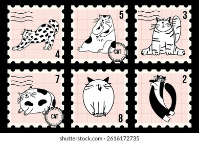 Postage stamps with cute cartoon cats in various poses and expressions. Vector design with cute pets