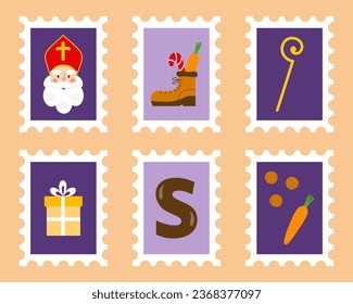 Postage stamps with Dutch or Belgium winter holiday symbols. Sinterklaas, crosier, gift box, shoe, carrot with pepernoten cookies and chocolate S letter. Saint Nicholas Day theme. Vector illustration.