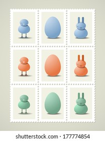 Postage stamps with Easter symbols, vector icons