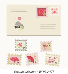 Postage stamps featuring Japanese illustrations, fan, sakura, bamboo leaves, postal envelope, hand drawn. Use for packaging, wallpaper, poster, room interior decor,  postcard, concept, clipart, vector