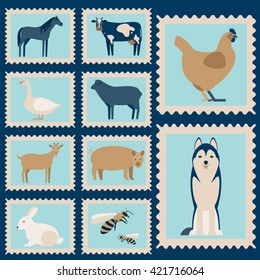Postage stamps with flat  farm animals. Set of flat farm animals. Farm animals on a white background. Farm animals and pets.