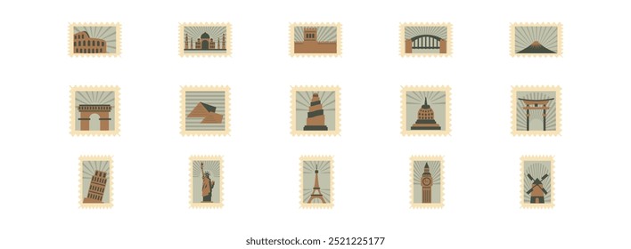 Postage Stamps flat illustration set. Vector illustration isolated.