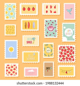 Postage stamps with flowers and cute fruits elements in trendy flat style. Variety of modern vector post stamp