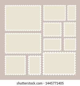 Postage stamps frames set on background. Toothed border mailing postal stickers in different size. 