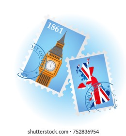 Postage stamps with the image of Big Ben and map of United Kingdom. Vector illustration.