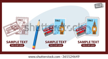 Postage stamps with the image of Big Ben and the British double-decker bus