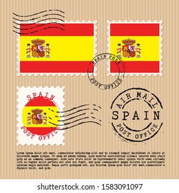 Postage stamps isolated on brown paper background with national flag of Spain : Vector Illustration