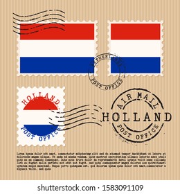 Postage stamps isolated on brown paper background with national flag of Holland : Vector Illustration