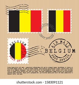 Postage stamps isolated on brown paper background with national flag of Belgium : Vector Illustration