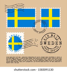 Postage stamps isolated on brown paper background with national flag of Sweden : Vector Illustration