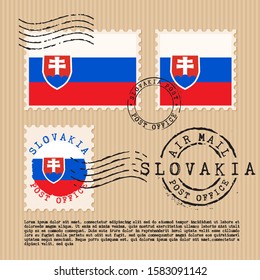 Postage stamps isolated on brown paper background with national flag of Slovakia : Vector Illustration