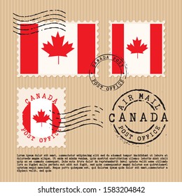 Postage stamps isolated on brown paper background with national flag of Canada : Vector Illustration