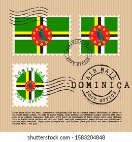 Postage stamps isolated on brown paper background with national flag of Dominica : Vector Illustration