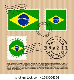 Postage stamps isolated on brown paper background with national flag of Brazil : Vector Illustration