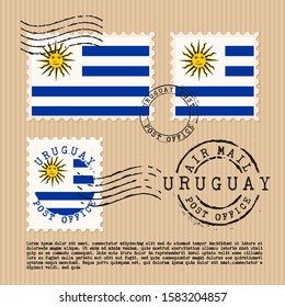 Postage stamps isolated on brown paper background with national flag of Uruguay : Vector Illustration