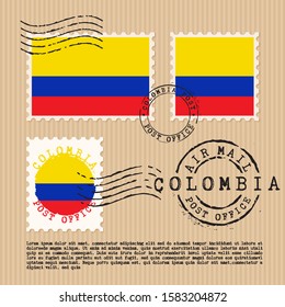 Postage stamps isolated on brown paper background with national flag of Colombia : Vector Illustration
