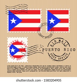 Postage stamps isolated on brown paper background with national flag of Puerto Rico : Vector Illustration