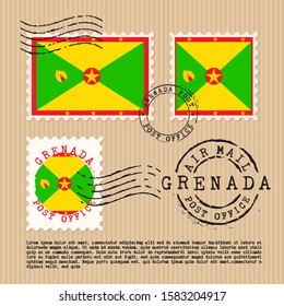 Postage stamps isolated on brown paper background with national flag of Grenada : Vector Illustration