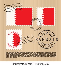 Postage stamps isolated on brown paper background with national flag of Bahrain : Vector Illustration