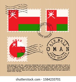 Postage stamps isolated on brown paper background with national flag of Oman : Vector Illustration