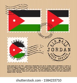 Postage stamps isolated on brown paper background with national flag of Jordan : Vector Illustration
