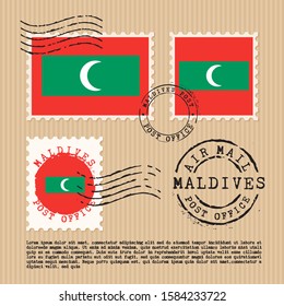 Postage stamps isolated on brown paper background with national flag of Maldives : Vector Illustration