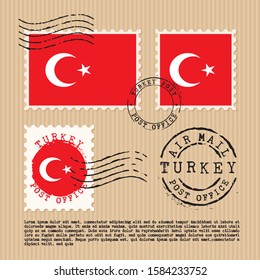Postage stamps isolated on brown paper background with national flag of Turkey : Vector Illustration